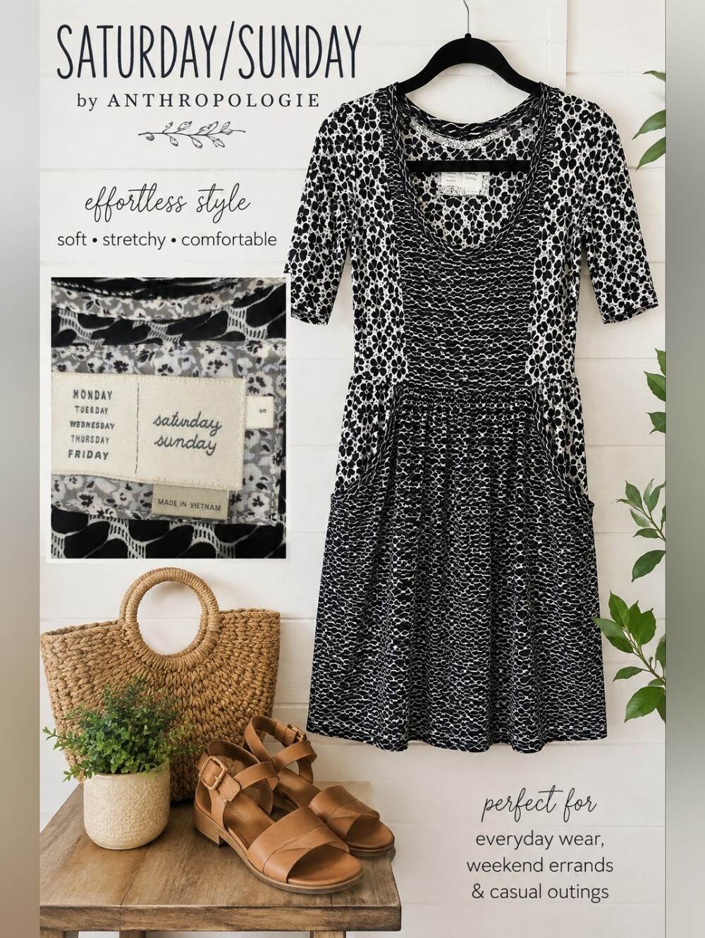 Saturday/Sunday by Anthropologie Black White Printed Dress Size S